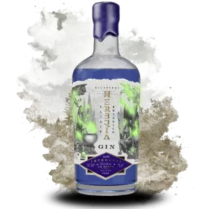 Herejía Blueberry Gin en un fondo artístico de bosques chilenos