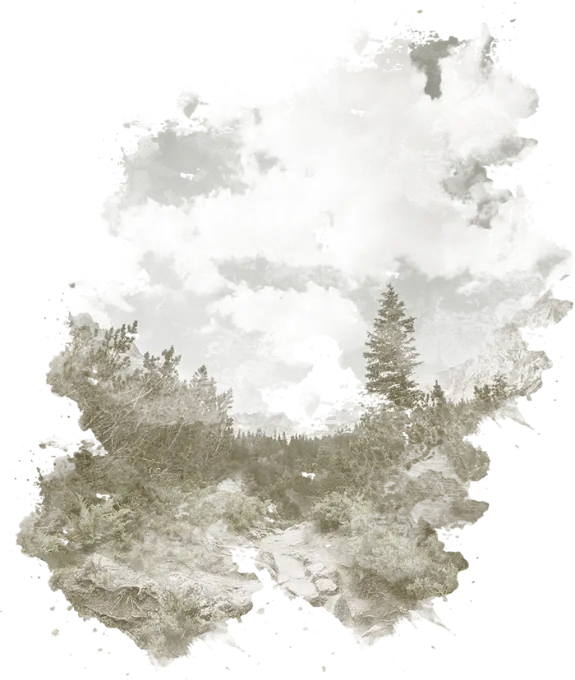 Fondo artístico con bosque y montañas para Herejía Dry Gin Tablet